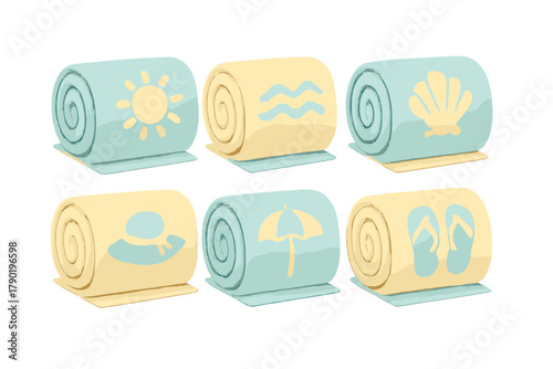 Six rolled beach towels with assorted summer icons