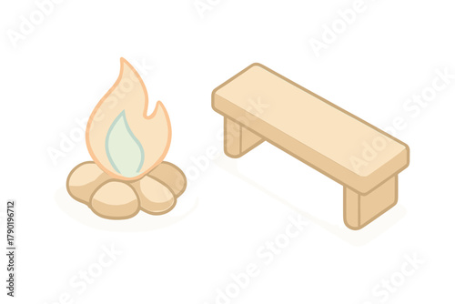 Isometric campfire and wooden bench icons set