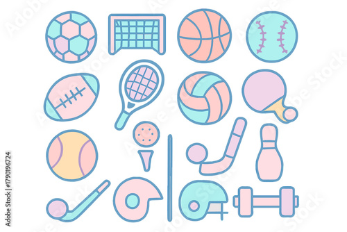 Colorful pastel icons of various sports equipment and fitness gear