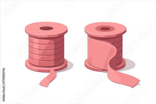 Isometric pink ribbon spools with unwinding tape detail