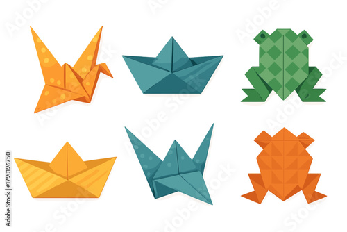 Colorful folded paper animals and boat shapes in stylized origami design