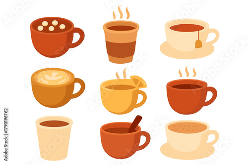 Set of nine stylized icons for hot drinks in various mugs and cups