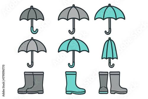 Colorful umbrellas and rain boots icons collection for wet weather