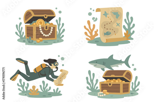 Underwater treasure hunting icons featuring diver, shark, and gold chest