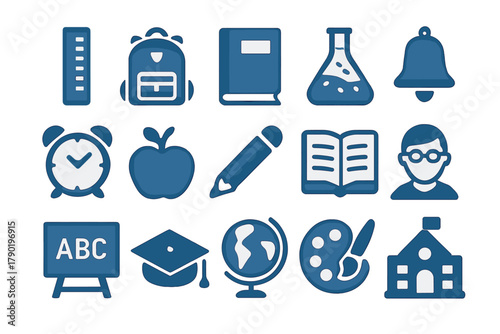 Collection of blue educational and school supply icons on white background
