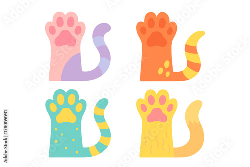 Four stylized colorful cat paw and tail icons set