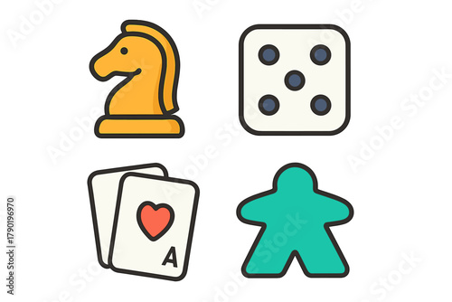Board game and card game icons featuring chess piece die and meeple