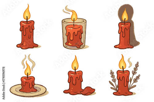 Six red wax candles with melting wax and visible flames