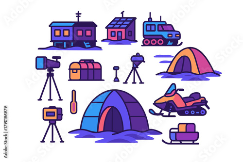 Set of icons for arctic expedition and polar research equipment