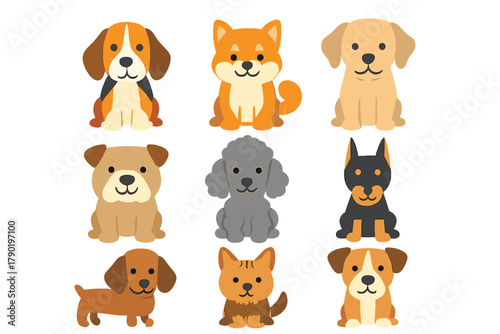 Nine cute cartoon dog breeds sitting and standing in various poses