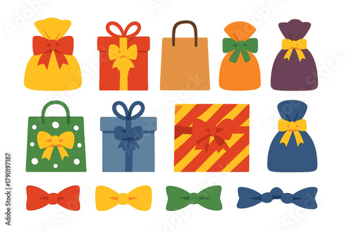 Assortment of colorful gift boxes bags and decorative bows icons