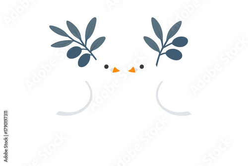 Two white doves facing each other holding olive branches
