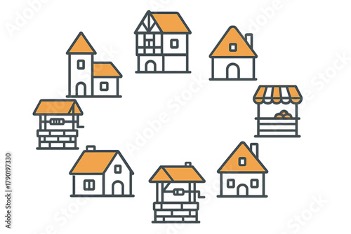 Simple icons of medieval village structures and water wells
