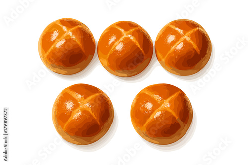 Five golden brown dinner rolls with cross score on white background