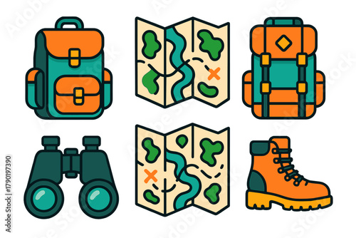 Colorful icons representing essential hiking and camping gear for outdoor adventure