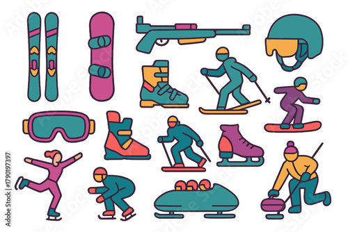 Colorful icons representing various winter sports equipment and athletes in action