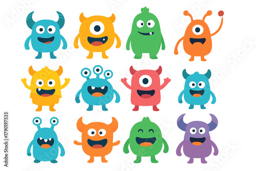Group of cheerful and vibrant cartoon monster figures