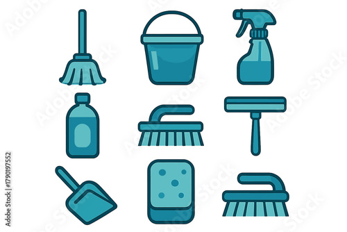 Blue icons set for household cleaning supplies and chores