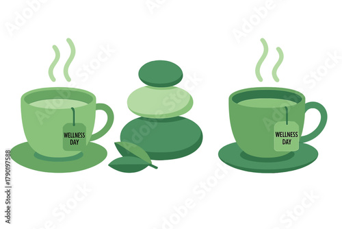 Steaming green tea cups beside balanced stones promoting health and relaxation