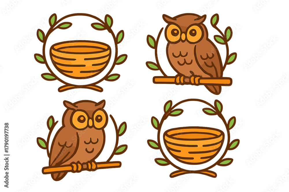 Obraz premium Stylized owl and bird nest emblems with leafy branches