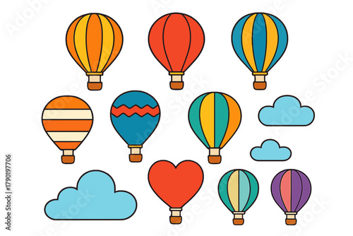 Colorful hot air balloons and stylized clouds icon set