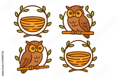 Stylized owl and bird nest emblems with leafy branches