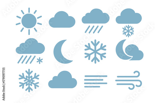 Simple blue weather forecast icons for sun cloud rain snow and wind