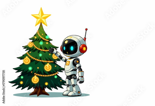 Festively Decorated Christmas Tree Adorned by Charming Robot with Luminous Lights and Star Topper in a Joyful Holiday Scene