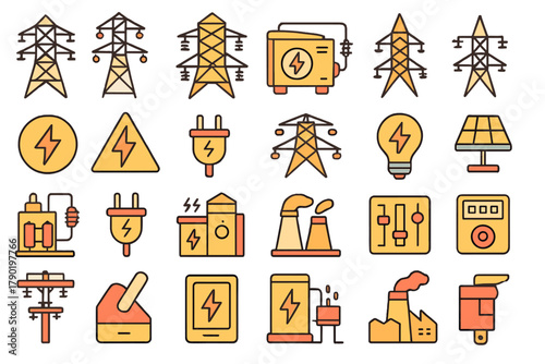 Set of electricity and power generation icons including transmission towers and plugs