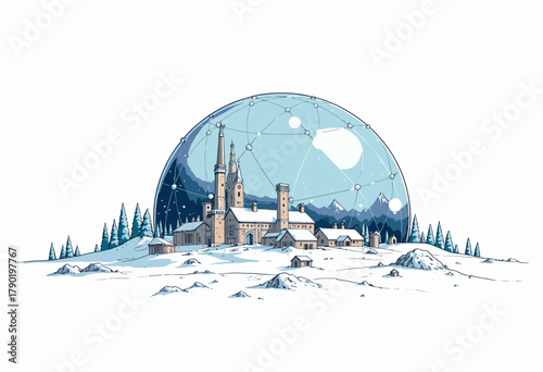 Enchanting Snow-Covered Village Nestled Under a Vast Geodesic Dome with Majestic Buildings and Towering Spires