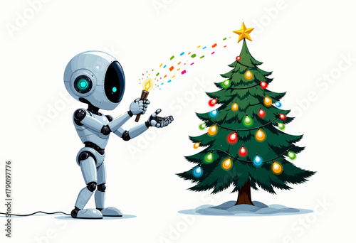 A futuristic robot decorates a festive Christmas tree with colorful lights, capturing the blend of technology and tradition in holiday celebrations.