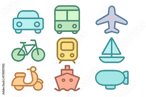 Colorful icons representing land, sea, and air transportation and travel vehicles