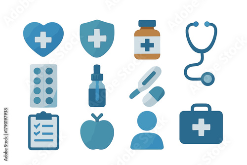 Stylized medical and healthcare symbols with subtle three-dimensional appearance