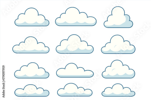 Twelve stylized cartoon cloud shapes with blue outline and shading