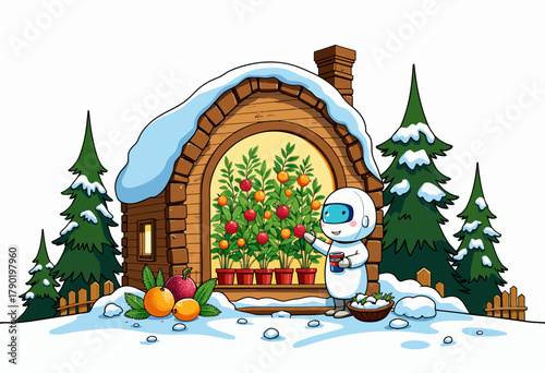 Charming Winter Scene Featuring a Cozy Wooden Greenhouse with Snow-Covered Roof, Vibrant Plants Inside, and a Cute Robot Tending the Lush Vegetation