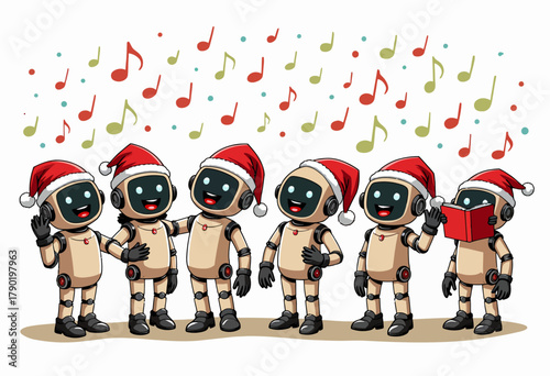 Festive robots sing together in harmony adorned in holiday hats under a flurry of colorful musical notes on a cheerful seasonal backdrop