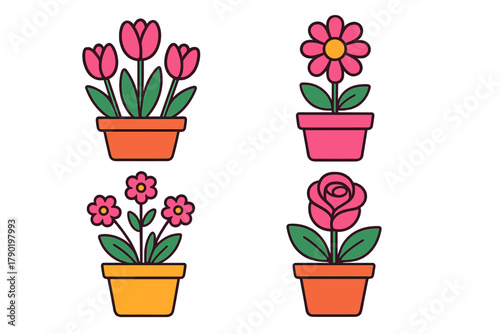 Four stylized potted flowers icons including tulip daisy and rose