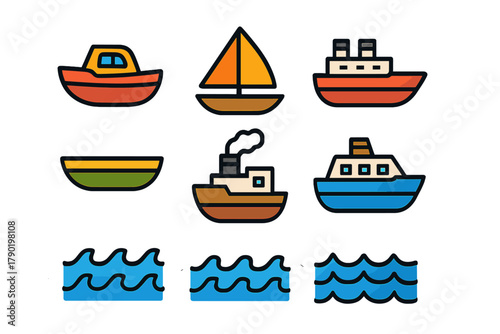 Colorful cartoon icons of various water transport vessels and ocean waves