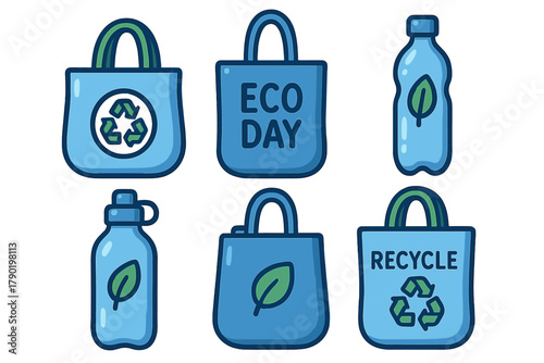 Set of blue eco friendly shopping bags and reusable water bottles icons