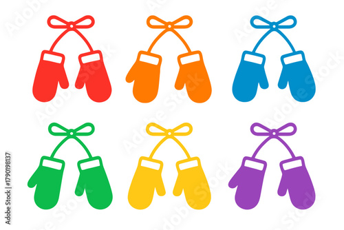 Colorful winter mittens icons connected by string and decorative bow