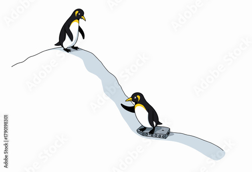 Two Penguins Enjoying a Creative Ride on a Slope with an Unexpected Object as a Makeshift Sledge in a Snowy Winter Landscape