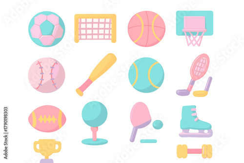 Pastel icons of various sports equipment and fitness objects for active lifestyle