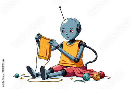 Adorable Robot Seamstress Engages in Craftsmanship with Colorful Yarn Balls and Thread for a Creative Knitting Experience