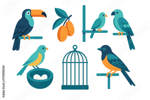 Tropical bird icons with cage, nest, eggs, and fruit branch elements