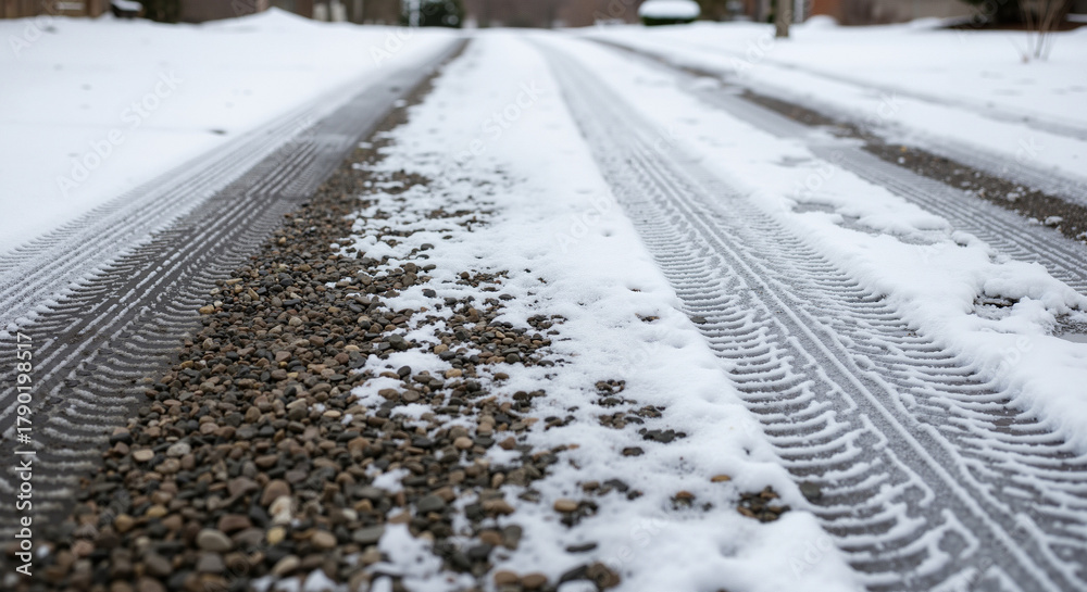 Obraz premium Snow-covered gravel driveway with tire tracks in winter 