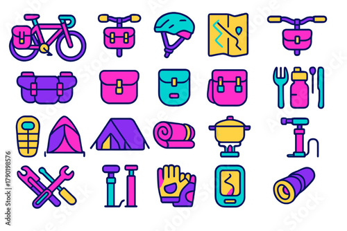 Bikepacking and bicycle touring travel gear icons set