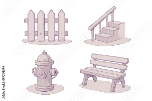 Collection of urban and garden outdoor elements in sketch style