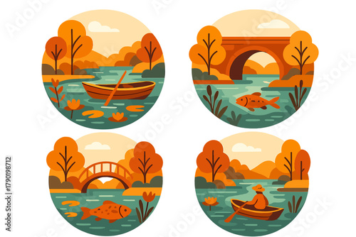 Fototapete Set of autumn river landscape icons featuring boat, bridge, and foliage