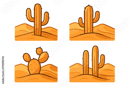 Cartoon desert cacti icons set with stylized sand dunes