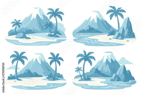 Tropical island landscapes with snowy mountain and palm trees collection